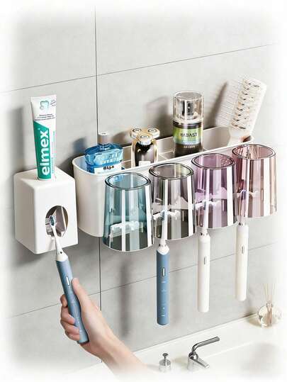 一套壁挂式牙刷架，配有4/3/2个防尘牙刷杯和牙膏分配器，多功能浴室收纳架，带自动牙膏分配器和牙刷杯，无需钻孔，豪华浴室套装，壁挂式牙刷收纳架，一套浴室配件套装，包含壁挂式牙刷架、带4个牙刷杯的浴室收纳架、自动牙膏分配器、电动牙刷架、粘性收纳架，无需钻孔，适用于家庭和成人浴室，万圣节招待客人和圣诞节送礼佳品。