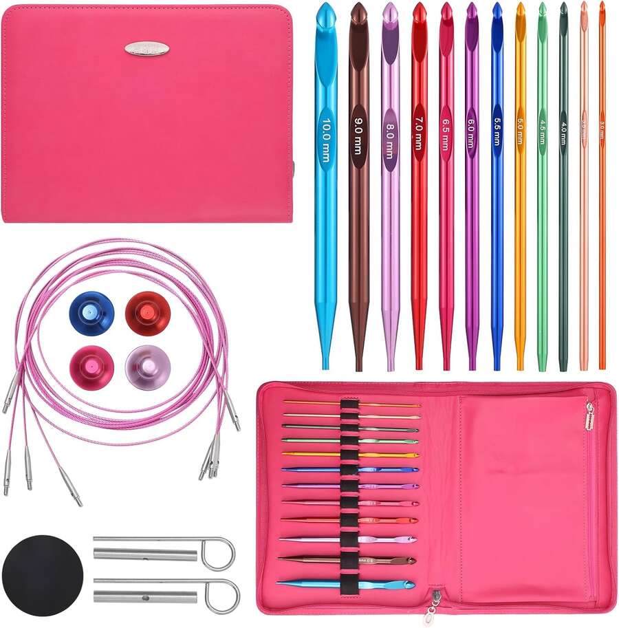 Tunisian Crochet Hooks Set With Cable, 6-Inch Aluminum Interchangeable Crochet Hooks 3mm-10mm, Long Crochet Hooks, Lightweight, Anti-Twist Swivel Cables, Ergonomic, Multicolor 26 PCS - Multicolor - View 1