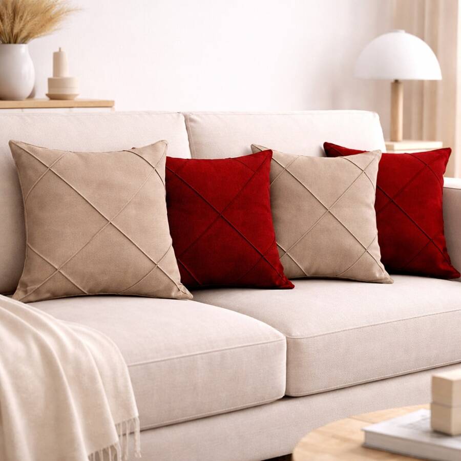 Set Of 4 Draped Suede Cushion Covers 45x45 With Invisible Zipper - 2 MARSALA+2 AVELA - 查看 1
