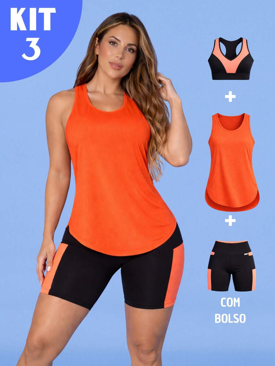Kit Of 3: Women's Fitness Set - Top, Shorts, Pocket Tank Top, Dry Fit, Gym - Tarelles - 橘色 - 查看 1