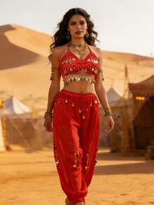 Bộ đồ hai mảnh phong cách Bohemian với tua rua hình đồng xu, gồm áo hai dây và quần harem xẻ tà dành cho nữ, thích hợp cho các lễ hội, biểu diễn múa bụng, hóa trang Halloween (có nhiều màu sắc). - Nhiều màu - Xem 5