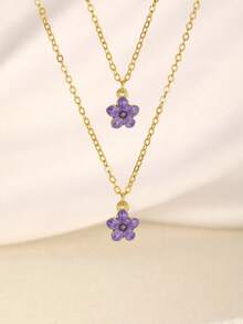 1件18K镀金精致五瓣花吊坠项链，不锈钢链，甜美可爱街头时尚配饰，日常礼物 - 彩色 - 查看 23