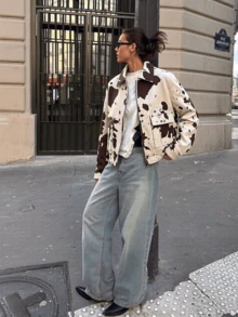 Women's Retro American Street Style Contrast Color Denim Print Loose Fit Cropped Jacket, Stylish Design Vacation Spring - Brownish White - View 3