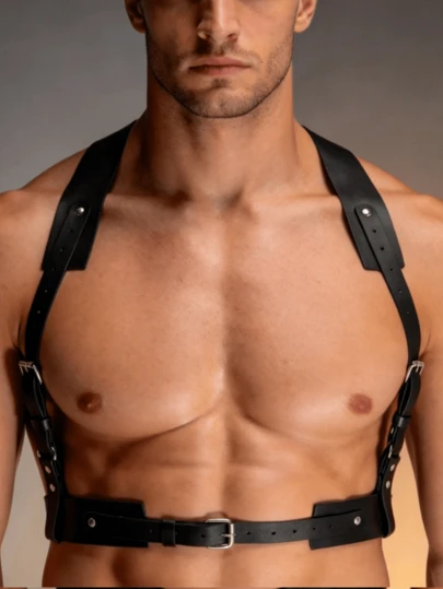 Retro Fashion Men's Punk Gothic Style Pu Leather Double-Strap Suspenders, Suitable For Pairing With Slim Shirts And T-Shirts For Everyday Wear And Cosplay