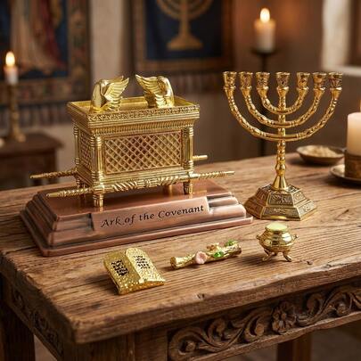 1 Set, Tamaño Mediano (Aprox. 25x20x18cm), Patrón Exquisitamente Estampado y Superficie Chapada en Oro, Juego de Decoración Cultural de Metal Dorado, Que Incluye Candelabro + Modelo de Gabinete + Versión Mini de los Diez Mandamientos + Rama de Almendro + Quemador de Incienso, Estilo Cultural Histórico, Detalles de Superficie Brillante Dorada + Texturizada, Exhibición Multicomponente con Patrones Simbólicos, Adecuado para Estudio o Decoración del Hogar, Excelente para Celebrar Fiestas, Festivales de Primavera, Fiestas y Regalos con Temática de Museo