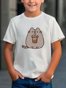 Gato gris adorable sosteniendo una bebida de burbujas que simboliza alegría y ternura mientras disfruta del momento Camiseta de niño cómoda y ligera confeccionada en 100% algodón ideal para uso diario - Blanco - Ver 6