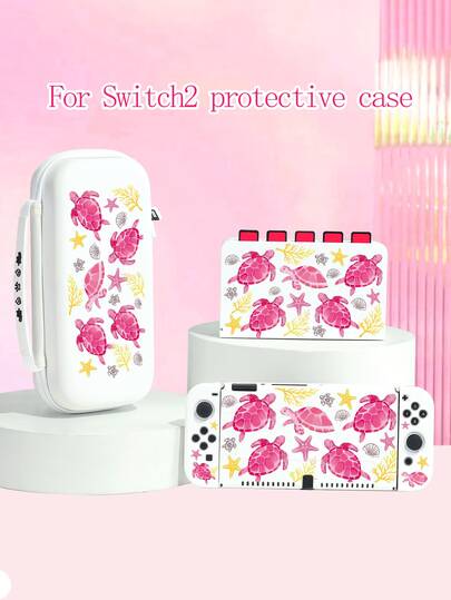 Dreamy Pink Sea Turtle Printed Protective Case, Compatible With New Switch 2 (2025), Switch NS/Switch OLED/Lite, Accessories For Switch 2 Game Console, Full Set Including Storage Bag, Card Slot Base, Switch Protective Cover, Romantic Gift For Switch Players, Gift For Kids/Family