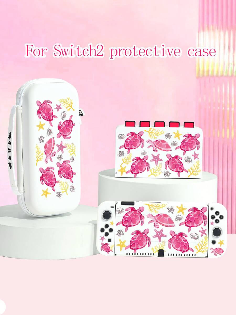 Dreamy Pink Sea Turtle Printed Protective Case, Compatible With New Switch 2 (2025), Switch NS/Switch OLED/Lite, Accessories For Switch 2 Game Console, Full Set Including Storage Bag, Card Slot Base, Switch Protective Cover, Romantic Gift For Switch Players, Gift For Kids/Family - Multicolor - View 1