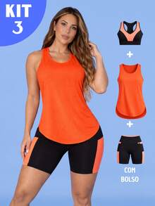 Kit Of 3: Women's Fitness Set - Top, Shorts, Pocket Tank Top, Dry Fit, Gym - Tarelles - 橘色 - 查看 10