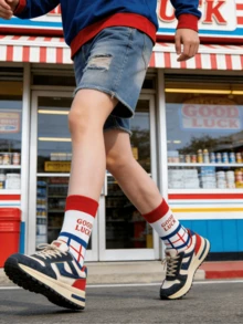 2 Pairs GOOD LUCK & FREEDOM American Retro Mid-Calf Socks, Red White Blue Color Block Plaid & Striped Couple Socks, Soft, Comfortable, Breathable And Durable, Classic And Versatile - Multicolor - View 4