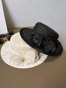 1pc Women's Elegant Church Hat, Suitable For Party, Street, And Work Occasions, Featuring Mesh Bow Flat Top Design, Floral Decor Summer Sun Hat, Ideal For Travel, Party, And Holiday,Beach,Vacation - A - View 2