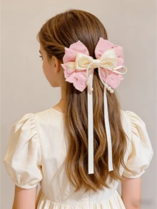 1 chiếc kẹp tóc nơ ren đính ngọc trai dễ thương cho bé gái, phụ kiện tóc thanh lịch - Nhiều màu - Xem 4