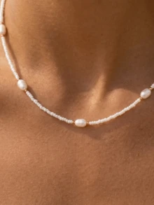 1pc Women's Minimalist Pearl Decor Necklace, Bohemian Baroque Style Pearl Choker Necklace, Aesthetic Summer Vacation Jewelry Gift - White - View 4