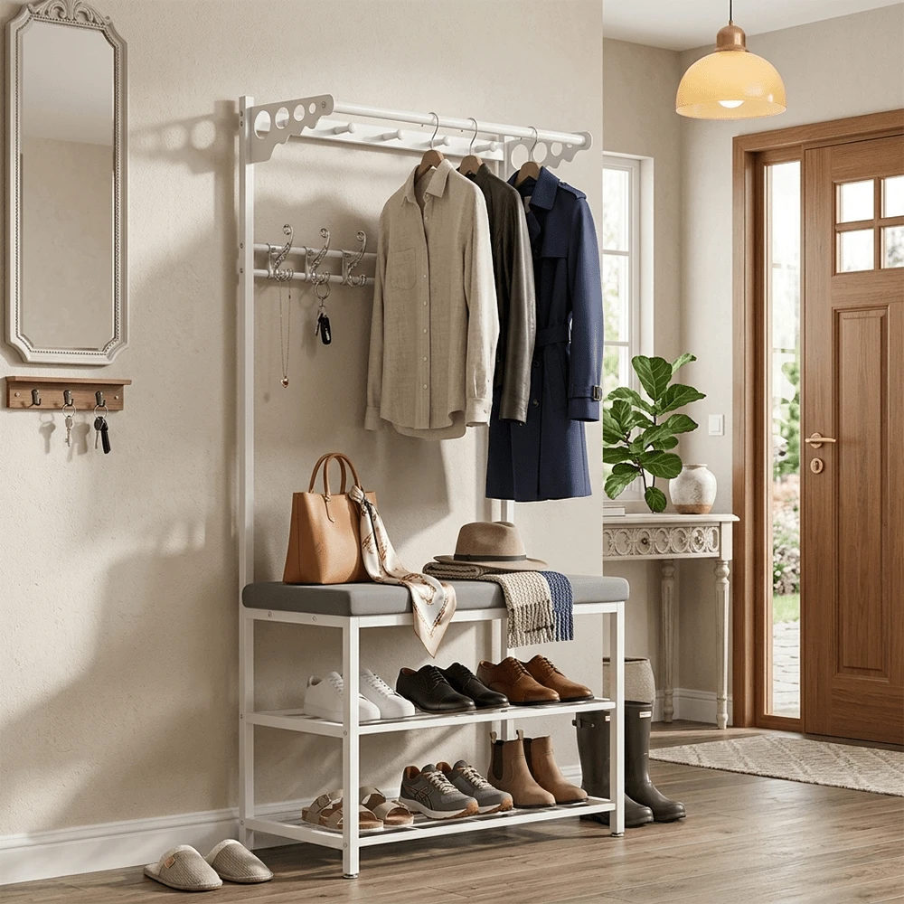 Lislark Heavy-Duty Multi-Functional Metal Shoe Rack With Coat Hanger, Shoe Storage Bench, Freestanding Clothes Rack With 5 Hooks Suitable For Entryway, Hallway, Small Spaces - Easy To Assemble - White - View 1