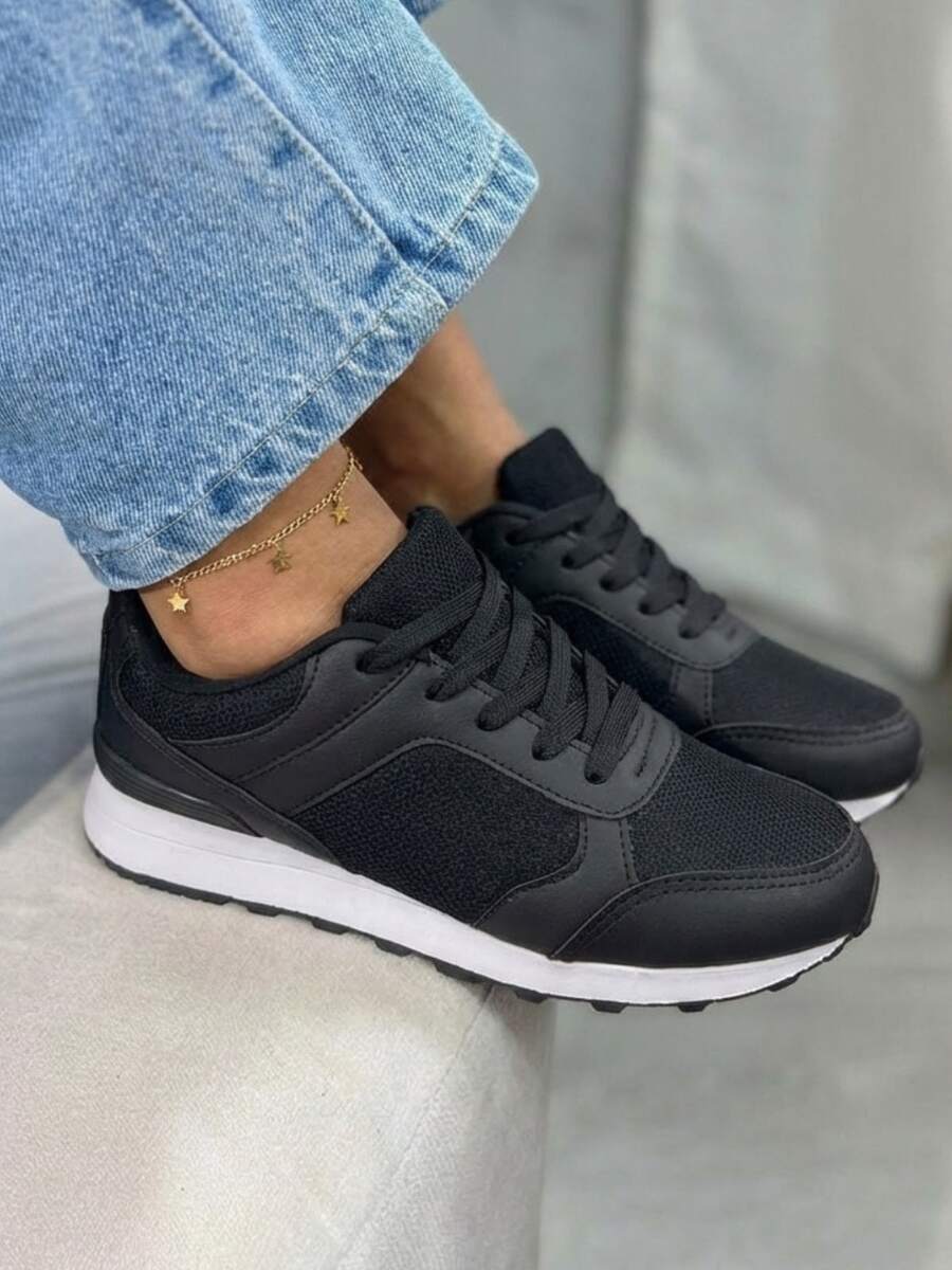 Tênis Feminino Casual Basico Dia a Dia Confortável Caminhada Academia Trabalho Macio - Preto - Visão 1