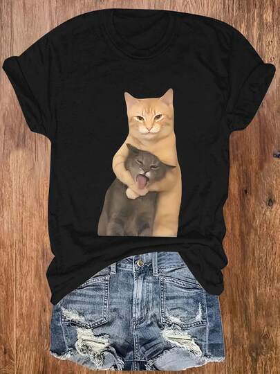 Camiseta para hombres con estampado divertido y divertido de gato con cuello, camiseta de manga corta negra, camiseta de algodón puro, cuello redondo casual, versión convencional de la tela de la camiseta es cómoda para todas las estaciones, adecuada para el uso diario, adecuada para regalos de vacaciones, adecuada para regalos de amigos.