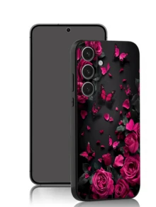 1 pezzo Custodia nera per telefono compatibile con Galaxy A04e/A05s/A13/A14/A15/A34/A35/A50/A52/A53/A54/S21/S22/S23/S24/S25/S25Ultra, con immagine romantica di rosa rossa e farfalla, antiscivolo e antiurto. Questa è un'immagine 2D, non 3D. - nero - Visualizzare 3