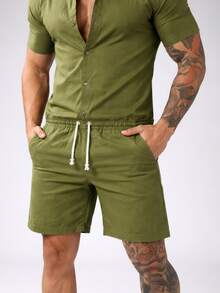 Conjunto Masculino Linho Camisa Shorts Liso - Verde Militar - Visão 6