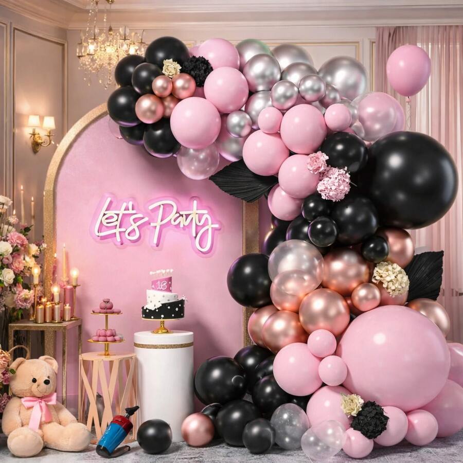 Black And Pink Balloons Rose Kit + Manual Pump Royal Blue Balloons Gold Metallic White Plain For Deconstructed Arch Balloon Birthday Party + Ribbon 6" 7" 8" 10" Inches For Birthday Celebration Parties - 彩色 - 查看 1