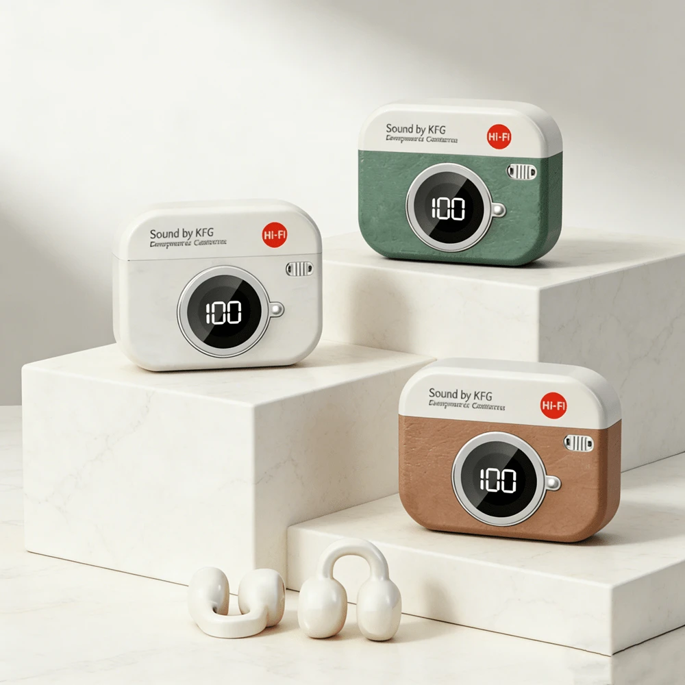 新款开放式复古相机无线耳机，带触控功能，入耳式蓝牙耳机，降噪高清通话，HiFi立体声耳机 - 查看 1