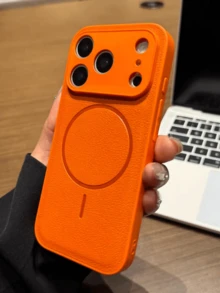Luxury Lychee Texture Magnetic Matte Soft Lens Protective Phone Case Compatible With IPhone 17 Pro Max 12 13 14 15 16 Pro Max 15 14 13 12 17 Shockproof Wireless Charging Cover Shell - Orange - View 3
