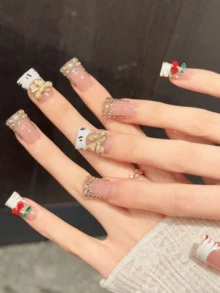 10pcs Short Handmade Nails, Suitable For Parties And Daily Wear, "Sweet Cherry Leopard" Cherry Bow Leopard Design, Easy To Wear. 10pcs Y2K Style Handmade Nails, Suitable For Girls And Women's Holiday Parties, Music Festivals And Daily Wear, Valentine's Day And Mother's Day Gifts. - White - View 3