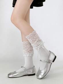 1/4 双甜美百搭蕾丝荷叶边蝴蝶结芭蕾舞风格中筒袜，春夏款 - 彩色 - 查看 1