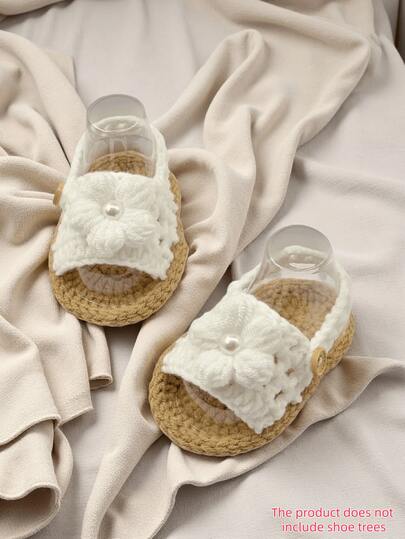 1 Pair Handmade Crochet Infant Sandals, White Flower & Pearl Decor, Infant Shoes