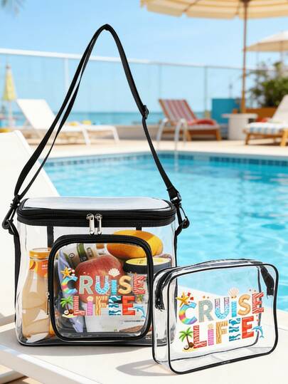 1 Set/2 Pc Stadium Approved Clear Lunch Bag - Pvc Storage Tote Bag With "Cruise Life" Logo, Casual Multi-Functional Beach Bag/Makeup Bag/Lunch Bag/Travel Bag/Crossbody Bag, Unisex Crossbody Messenger Bag, Suitable For School, Office, Picnics, Beach And Outdoor Activities, Waterproof Summer Vacation Essential