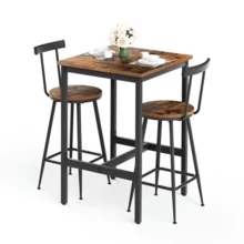 Bar Table And Stool Set, Dining Table With Two Chairs With Footrests, Metal Frame, Industrial Style Bar Table Set, Suitable For Dining Rooms, Living Rooms, Etc., Rustic Brown Finish, 60cm*60cm*90cm - Brown - View 3