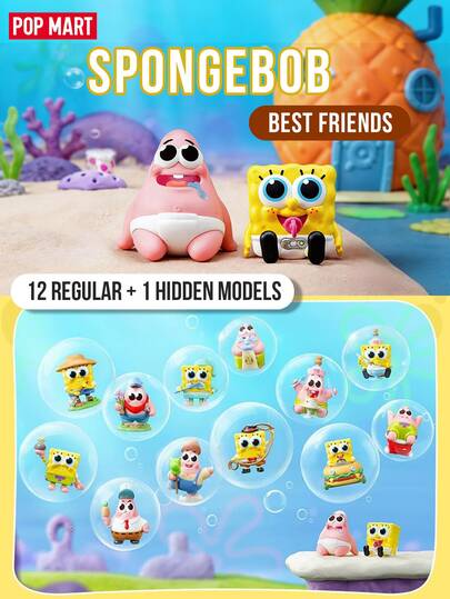  Caja ciega de la serie Mejores amigos de POP MART SpongeBob SquarePants - 12 figuras regulares + 1 figura oculta, que muestra a los interesantes personajes de SpongeBob y Patrick en Fondo de Bikini, presentando el estilo adorable y nostálgico de SpongeBob, elaborado con materiales de alta calidad, con expresiones lindas y encanto narrativo, ideal para fans de SpongeBob, coleccionistas de cajas ciegas y buscadores de regalos, adecuado para cumpleaños, fiestas o colecciones