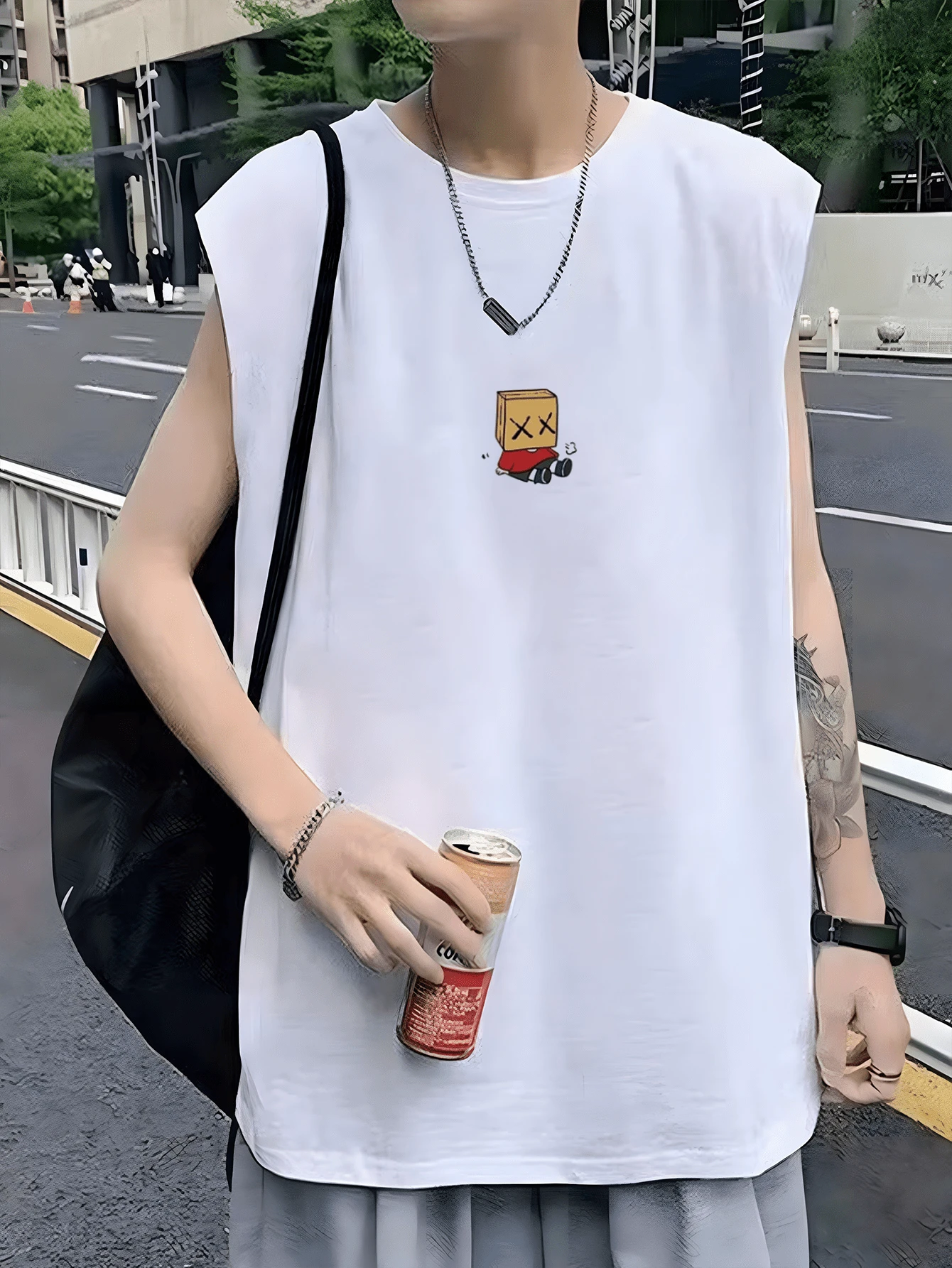 Men's Spring/Summer Heavy 220g Pure Cotton Vest, Casual Print Vest - White - View 1