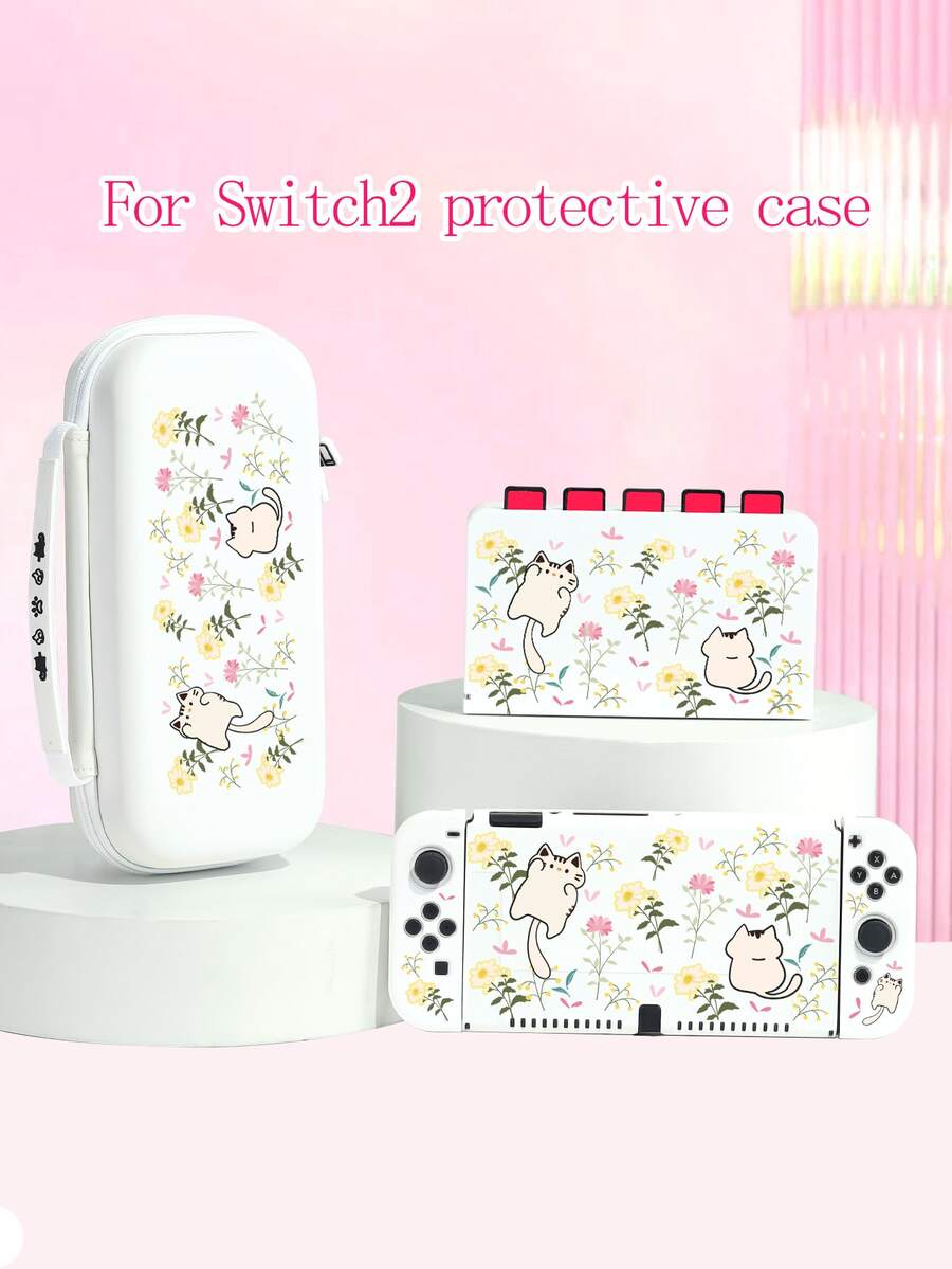可爱白猫雏菊印花保护壳,兼容新款Switch 2 (2025)、Switch NS/Switch OLED/Lite,适用于Switch 2游戏机配件,全套包含收纳袋、卡槽底壳、Switch保护壳,是送给Switch玩家的浪漫礼物,也是送给孩子/家人的礼物。 - 彩色 - 查看 1