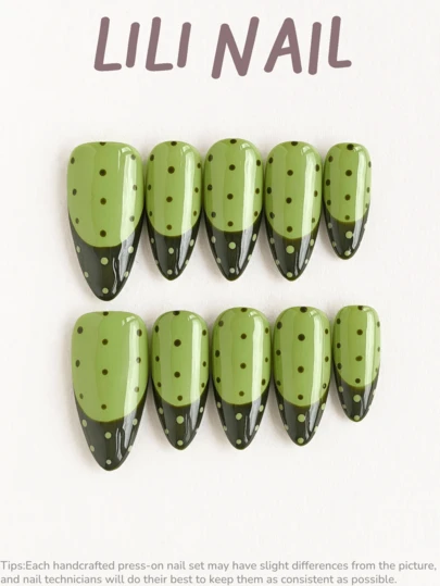 10片手工亚克力美甲贴片，中号，杏仁形，绿色，甜美温柔，手绘，法式，波点，可爱，价格实惠，美甲用品，可重复使用美甲套装，含美甲工具，适合夏季、春季，是日常通勤、派对和办公礼物的理想之选。