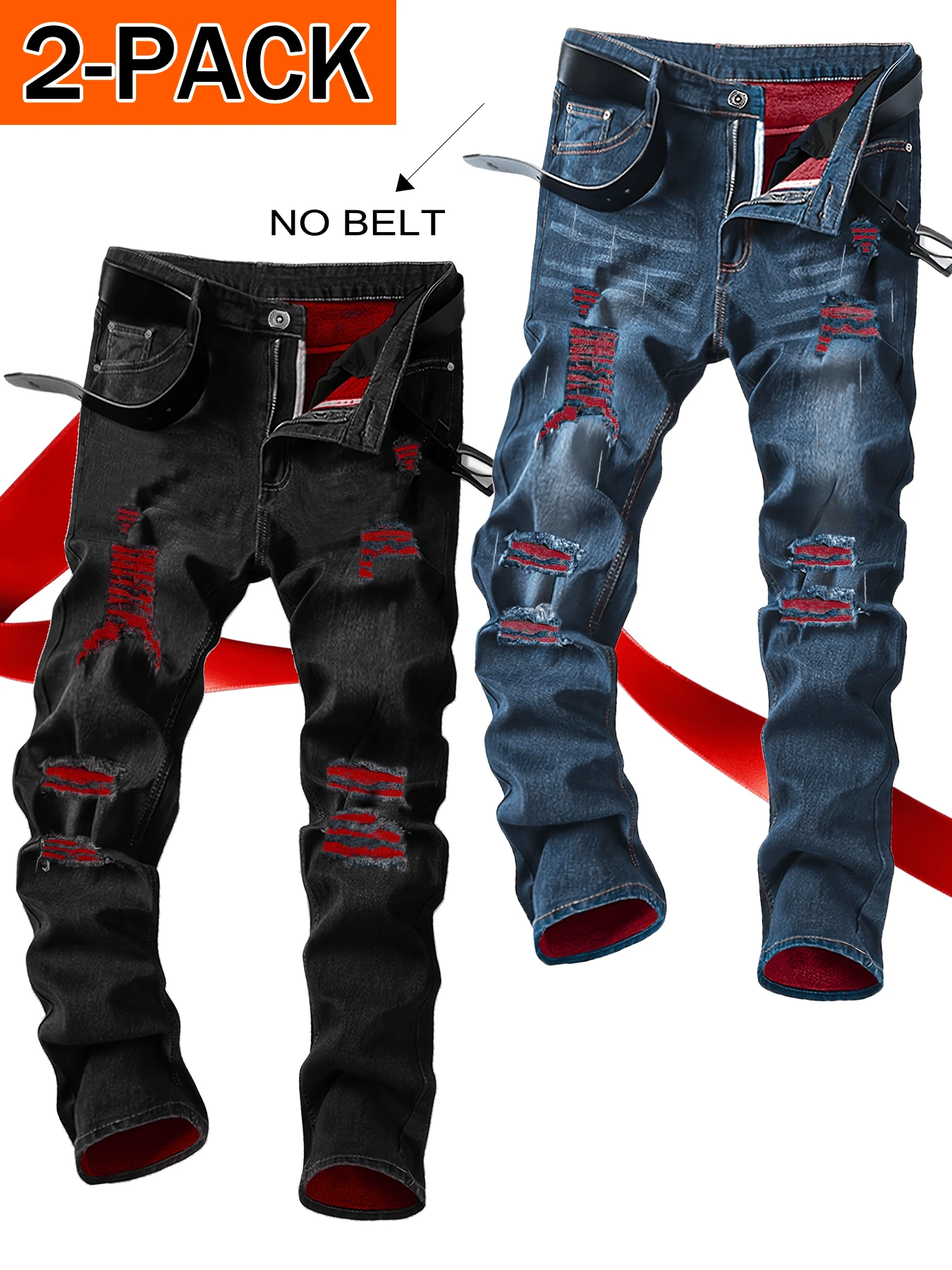 2-Pack Men's Street Style Ripped Stretch Slim Fit Straight Leg Jeans - 黑色+炭黑色 - 查看 1