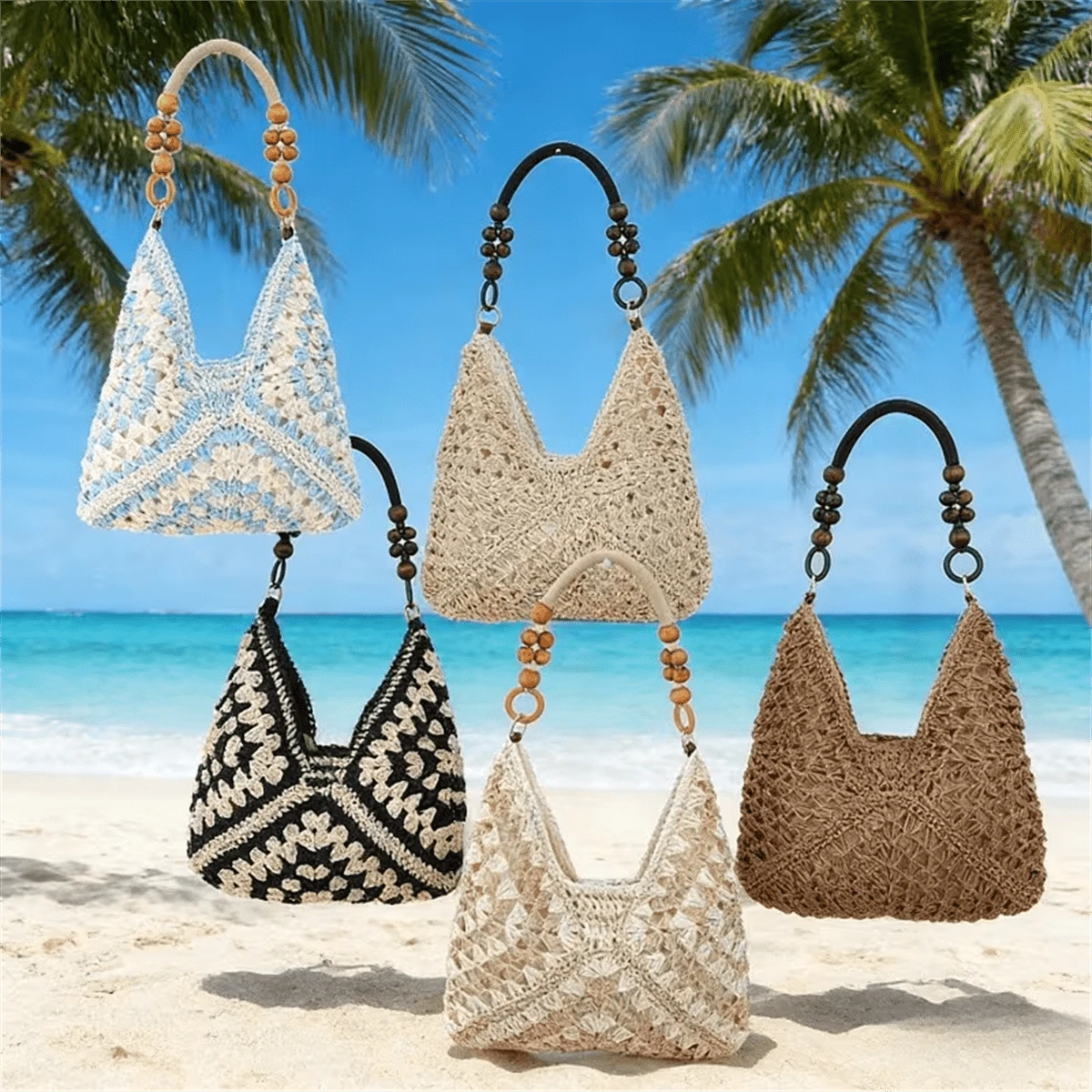 Túi tote dệt kiểu Bohemian rộng rãi, túi du lịch biển đa năng dành cho nữ, được bán bởi ZipBox. - Màu xanh nhạt - Xem 1