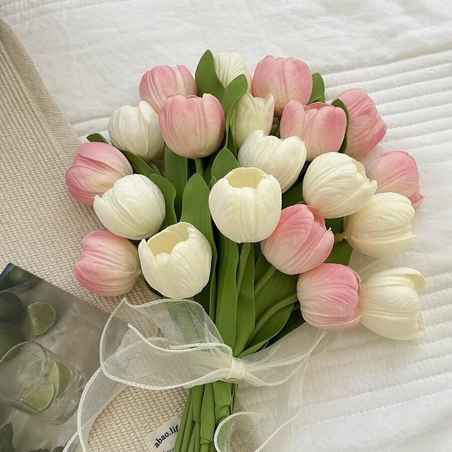 5/10pcs Simulation PU Dutch Tulip Bouquet Realistic Artificial Home Kitchen Living Room Dining Table Wedding Center Decoration (White, Pink, Blue, Yellow, Orange)