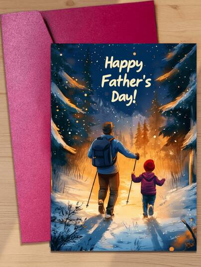 Thiệp chúc mừng Ngày của Cha mùa đông ấm áp/Bầu trời xanh nửa đêm/Hình ảnh cha và con trai đi bộ đường dài trong khung cảnh đêm tuyết phủ/Thiệp tri ân dành cho những người cha và người lớn tuổi yêu thích hoạt động ngoài trời/Thích hợp cho Ngày của Cha, sinh nhật của cha, đặc biệt là dành cho những người cha thích đi bộ đường dài và các hoạt động ngoài trời/(Bao gồm 1 thiệp và 1 phong bì, kích thước 4.3 inch x 6.3 inch)