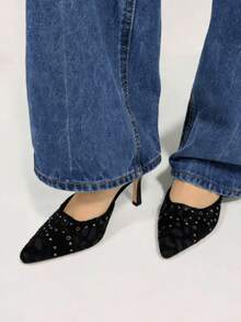 Black Sandals For Women Summer Women's Leopard Print Patchwork Stiletto Mules Pointed Toe Studded Slip-On High Heels Western Style Party Dress Shoes - 黑色 - 查看 4