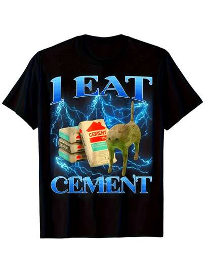 Kingsday Gym Wear Men's Long-Sleeved Shirt, Men's Clothing Shirt, Plus Size Men's Jersey And Ninetta Men's Shirt With The Print "I Eat Cement" - A Fun And Playful Design With A Cartoon Dog And A Cement Sack Pattern, With A Striking Blue Lightning Effect. It Has Short Sleeves And A Crew Neck, Making It Suitable For Leisure Activities And Everyday Wear.