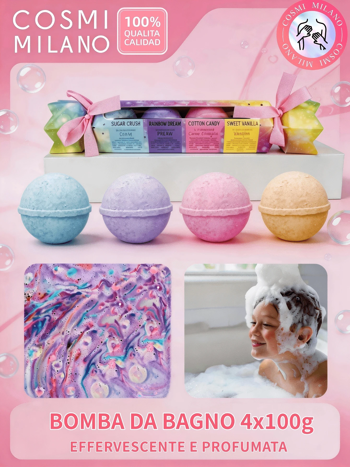 COSMI MILANO Rainbow Dream Bath Bomb Set, 4 Pieces, 100g Each, Rainbow Fizzing Effect With Vibrant Colors And Delicious Aromas, Slow Dissolving, Hydrating And Relaxing For The Skin, Anti-Stress Home Wellness Ritual, Perfect Gift Idea For Birthdays - BOMBA DA BAGNO SET 4 PZX100G - View 1