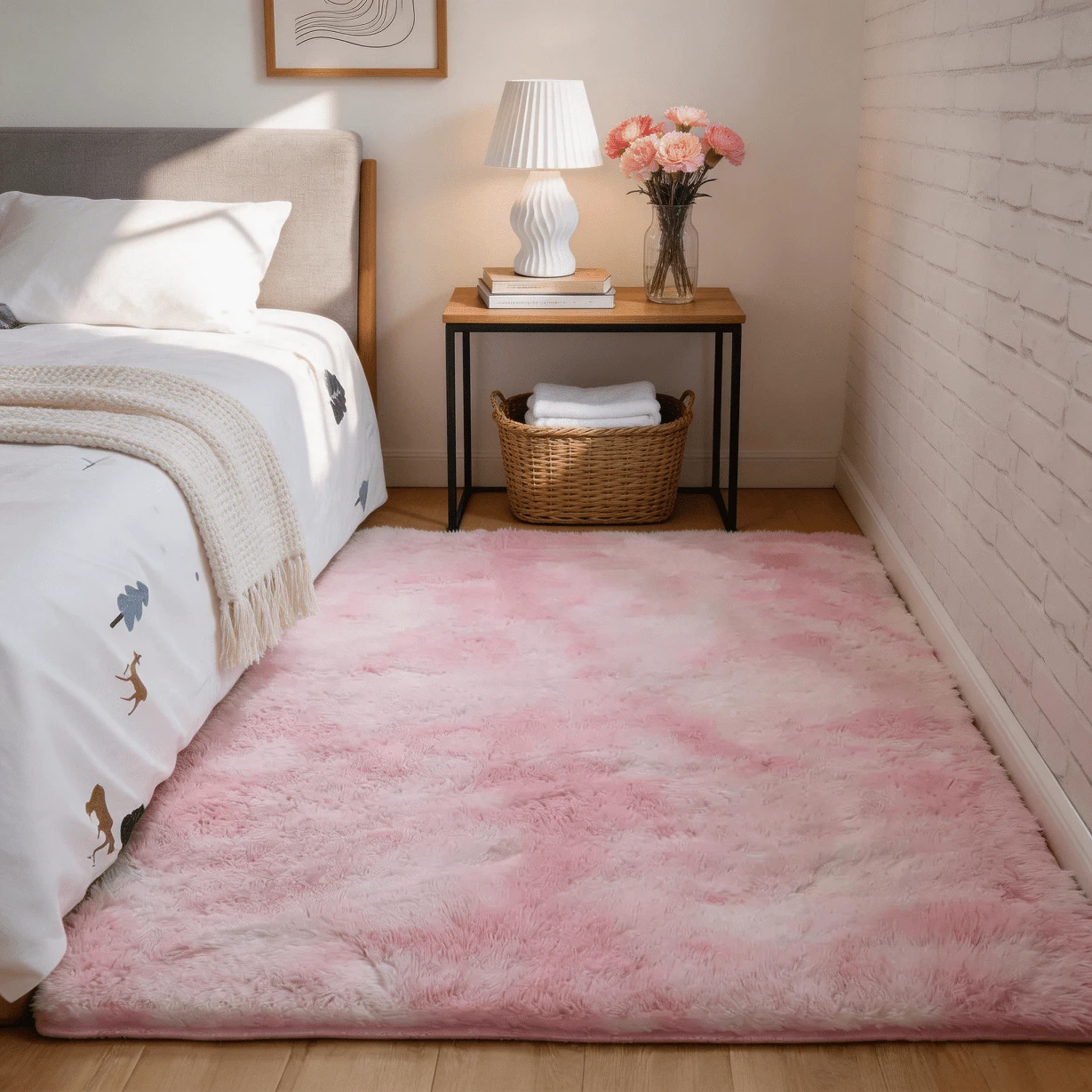 Mother's Day . Wedding Gift | Spring/Summer Soft Long Carpet, Bedroom/Living Room Suitable, Pink Tie-Dye Fluffy Shaggy Bedside Rug, Long Plush Non-Shedding, Girls Room Home Decor