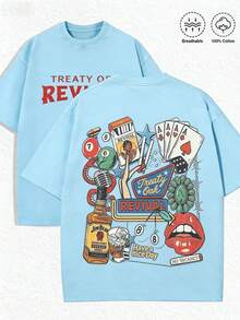20261 PCS Entertainment "Treaty Oak Revival" Graphic Tee: Featuring Distressed Vintage Finish, Front Bold "TREATY O REV" Letter Print, Back Artistic C - 淺藍色 - 查看 2