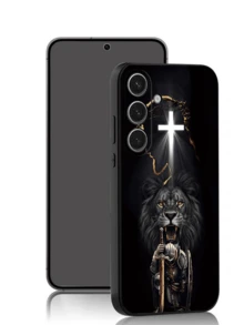 1 pieza Funda de teléfono negra a prueba de golpes y antideslizante con diseño de cruz de Jesús y guerrero león compatible con Galaxy A04e/A05s/A13/A14/A15/A34/A35/A50/A52/A53/A54/S21/S22/S23/S24/S25/S25Ultra - Negro - Ver 3