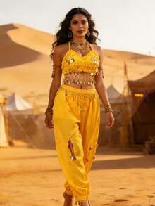 Bộ đồ hai mảnh phong cách Bohemian với tua rua hình đồng xu, gồm áo hai dây và quần harem xẻ tà dành cho nữ, thích hợp cho các lễ hội, biểu diễn múa bụng, hóa trang Halloween (có nhiều màu sắc). - Nhiều màu - Xem 3