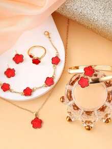 5pcs/Set Floral Pendant Jewelry Set For Women, Necklace, Earrings, Bracelet, Bangle, Ring, Elegant & Charming Accessories - Black - View 14