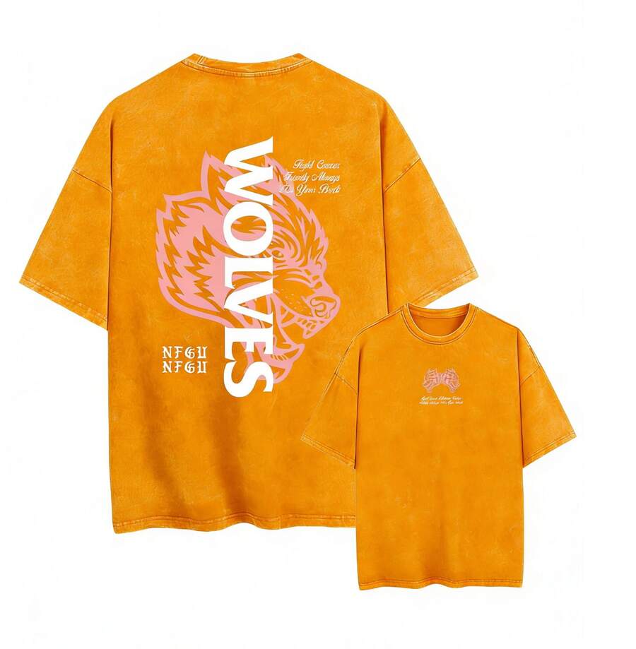 2026Darc Wolf Print Vintage Washed Men's T-Shirt, Perfect For Fitness And Weight Training, Loose Summer Gym T-Shirt, Suitable For Workouts. Loose And Comfortable, Casual And Easy To Wear, High-Quality Wax Printed Cotton Retro Fashion Brand T-Shirt, Men's T-Shirt, Beach Must-Have, Men's Summer T-Shirt, Holiday Gift, Perfect Gift, Valentine's Day Gift - 橘色 - 查看 1