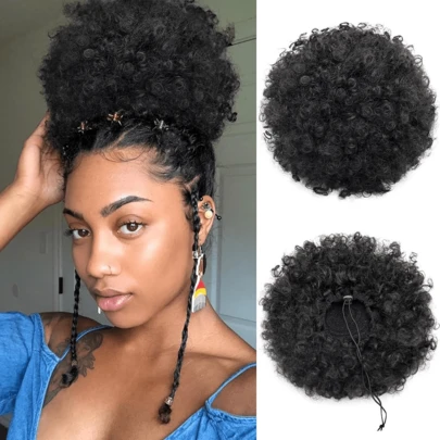 Tóc giả đuôi ngựa kiểu Afro Puff cao cấp dành cho nữ, màu xám ombre, tóc giả đuôi ngựa Afro Puff ngắn bằng sợi tổng hợp cho tóc tự nhiên, kẹp cài tóc xoăn có dây rút. Búi tóc đuôi ngựa xoăn