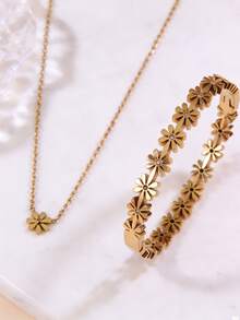 VceTd Bộ trang sức tối giản thanh lịch gồm mặt dây chuyền hoa cúc nhỏ và vòng tay hạt thủy tinh, chất liệu thép không gỉ, thích hợp cho phụ nữ đeo hàng ngày, dự tiệc, đi nghỉ mát hoặc làm quà tặng cho người lớn tuổi. - Vàng - Xem 8