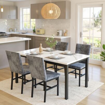 Modern Style 5 Pieces Dining Table Set For 4, Faux Marble Dining Room Table Set With Upholstered Dining Chairs, MDF Table Top And Metal Frame Dinette Set For Small Space